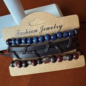 Black Adjustable Leather Bracelet and Stretchable Beaded Bracelet Set